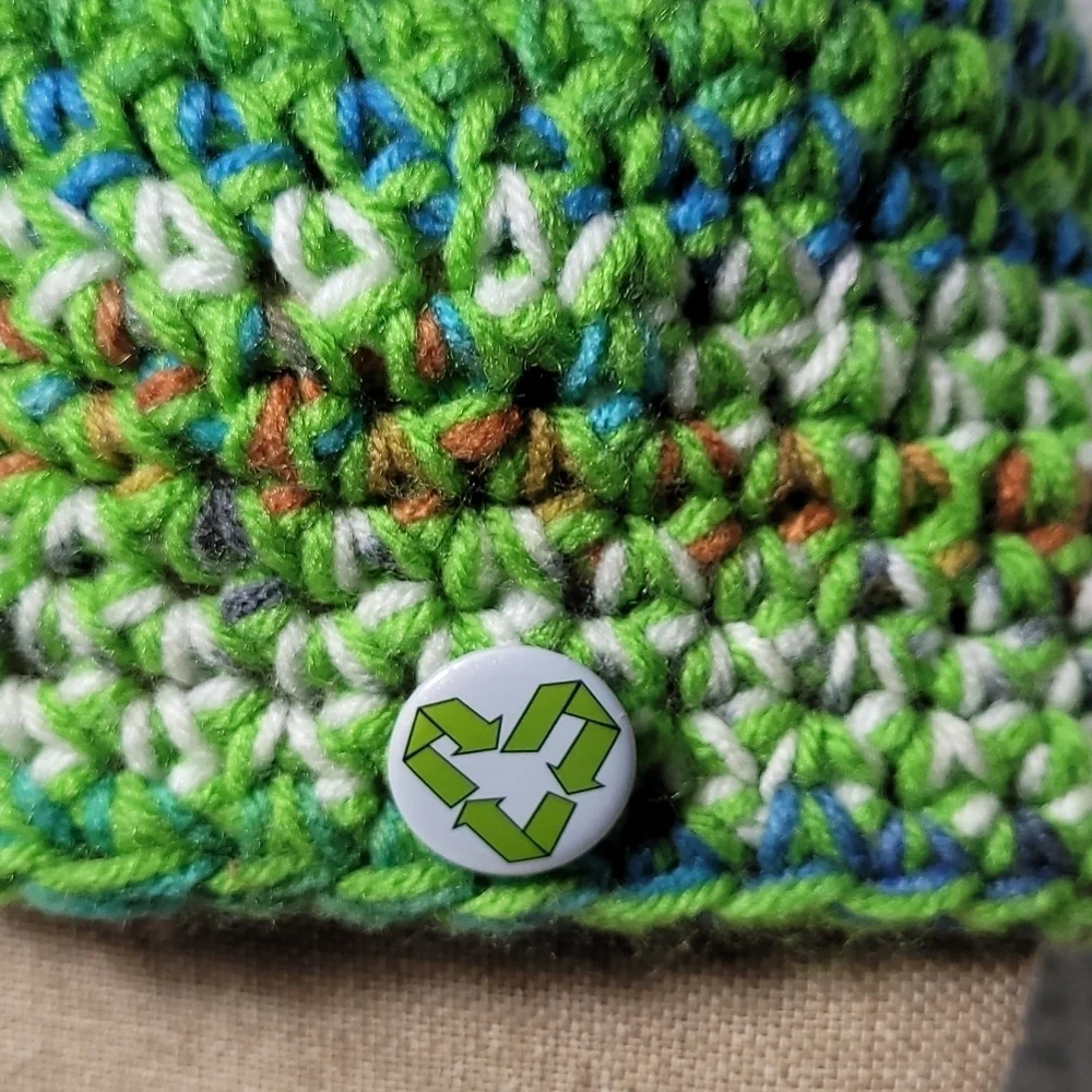 Crocheted Hat*Recycle 💚 Pin* Green Multicolor